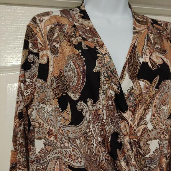 Cache Long Sleeve Paisley Faux Wrap Browns/Black Neutral Blouse Large - Picture 3 of 8